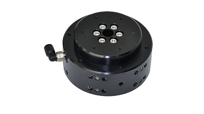 A-601 – A-607 Rotary Air Bearings he PIglide RT series of non-motorized passive rotary air bearings are designed for accuracy, precision, high stiffness, and ease of use. They can be used in any orientation and are easy to integrate with motors and encoders for complete positioning solutions. Applications include optical alignment, metrology, inspection, calibration, and scanning. The RT series bearings offer superior runout, flatness, and wobble performance. Since they are completely frictionless, they exhibit no breakaway “stiction” o r drag friction during operation. They are ideal for use in cleanrooms, require no maintenance or lubrication, and have unlimited life. An optional high resolution optical encoder can be added to allow precision table angle recording during manual operation. Applications include parts inspection, optical alignment and drag torque measurement.